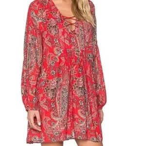 Red Paisley Lace-Up Long Sleeve Women's Dress